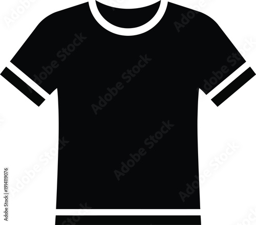 A minimalist black t-shirt icon with white trim on the sleeves and bottom hem, isolated on a white background.