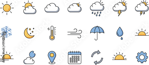 Weather Forecast Icon Set with Sun, Cloud, Rain, Snow, Temperature, Wind and Climate Monitoring Symbols Vector Illustration