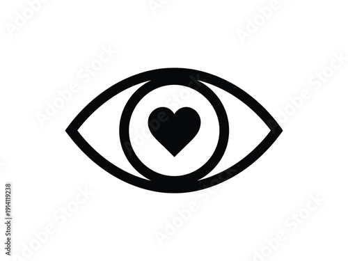 Eye with Heart Iris Icon in Black Outline, Symbolizing Vision of Love or Caring Gaze