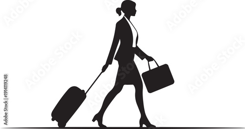 Woman with luggage and briefcase walking silhouette