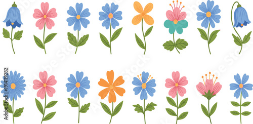 Colorful flowers with green stems and leaves in a row