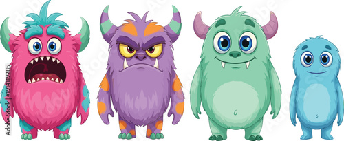 Colorful Cartoon Monsters with Different Expressions Standing in a Row