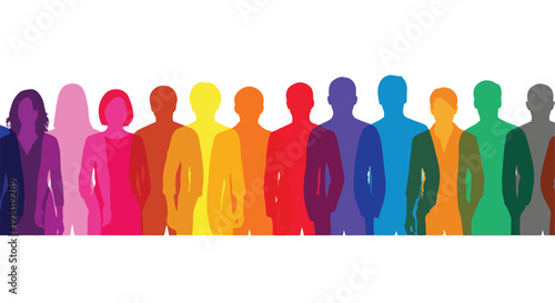 Diverse vector silhouettes of men and women in a vibrant rainbow gradient, representing community, equality, and inclusion, isolated on transparent background.