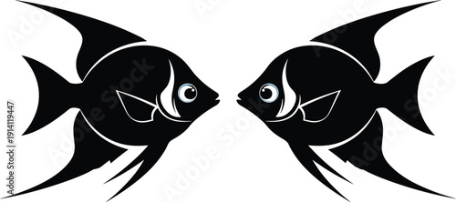 WebTwo black angelfish silhouettes facing each other with white outlines and blue eyes isolated on white background for aquarium and underwater nature design.