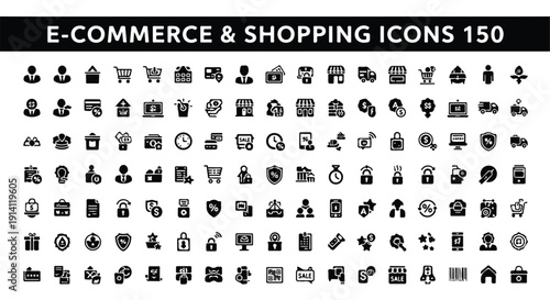 Vector set of 150 detailed black e-commerce and shopping icons, including user profiles, carts, delivery trucks, and payment symbols, isolated on a white background.