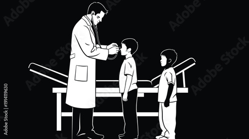 Doctor examining a child with another child observing in a medical setting