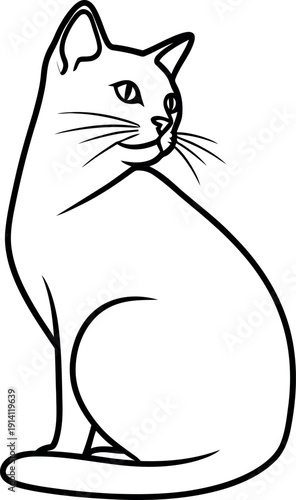 Elegant black and white line drawing of a cat sitting gracefully and looking to the side. Ideal for feline logos, pet care brands, or sophisticated animal graphics.