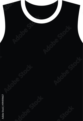 A black silhouette icon of a sleeveless shirt or tank top with a white neck trim on a plain white background