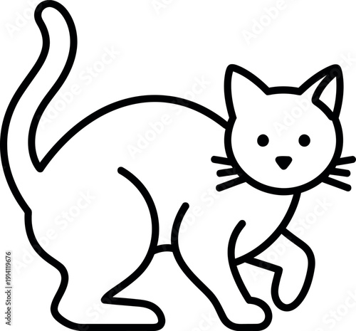 Dynamic black and white line drawing of a cat in motion, walking with its tail raised. Suitable for pet shops, active animal concepts, or stylish feline graphics.