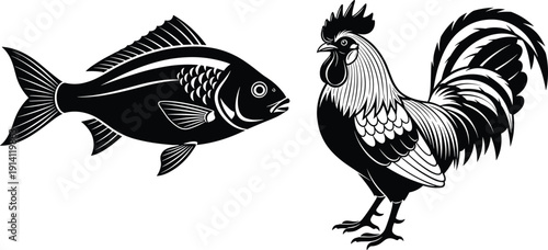 WebVector illustration of fish and rooster silhouettes in black artistic design, showcasing aquatic and avian animals facing each other, concept for wildlife, nature, diversity, biology, decorative