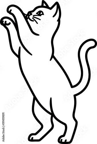 Dynamic black and white line illustration of a cat standing on hind legs, reaching upwards, isolated on white.