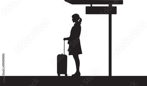 Woman with suitcase standing under bus stop silhouette