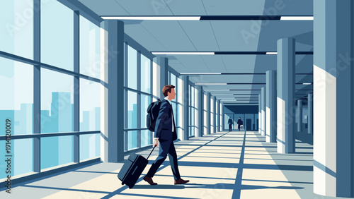 Business traveler with luggage walking through sunlit airport terminal