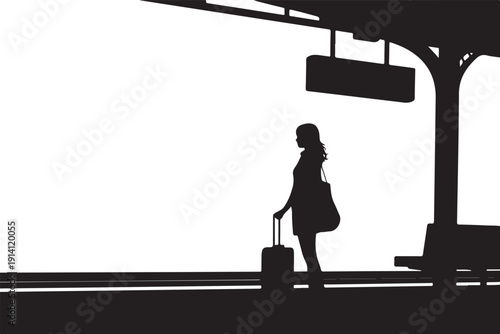 Woman with suitcase walking under a train station canopy silhouette