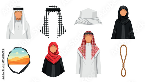 Traditional middle eastern attire collection with diverse headdress styles