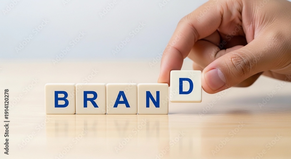 Fototapeta premium A hand places the letter D tile to complete the word BRAND, symbolizing brand development and strategic marketing.