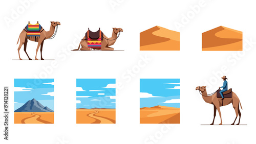Colorful desert scenes featuring camels and landscapes in flat style