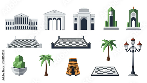 Flat architectural icons: classic buildings, chess boards, and tropical elements