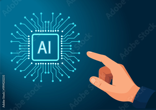 Human hand touching glowing AI microprocessor chip, Artificial Intelligence and future technology