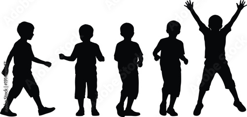 Silhouettes of Children in Various Poses on White Background