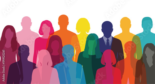 Diverse group of people silhouettes in vibrant rainbow colors, representing community, teamwork, and social inclusion, isolated on a transparent background.