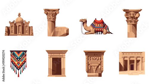 Ancient petra landmarks set with camel and traditional patterns in geometric art style