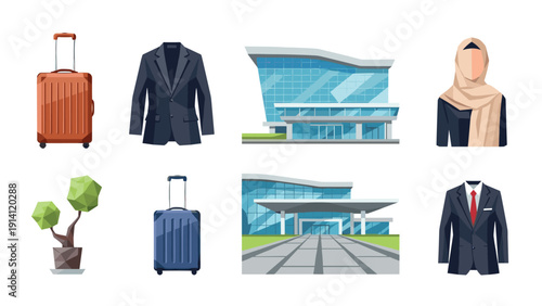 Modern business travel icons featuring luggage and office outfits in flat design