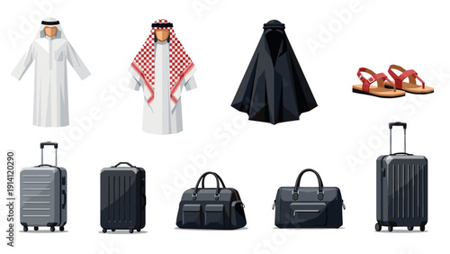 Traditional middle eastern attire and modern luggage collection