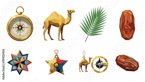 Geometric desert symbols with compass, camel, and palm leaf
