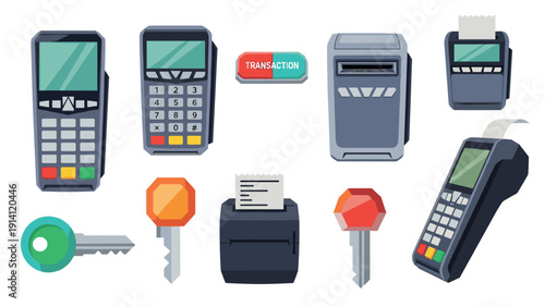 Modern payment terminals and keys collection for retail and security concepts