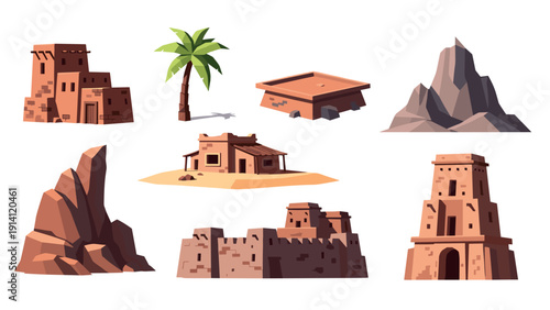 Desert landscapes and ancient ruins in artistic cartoon style