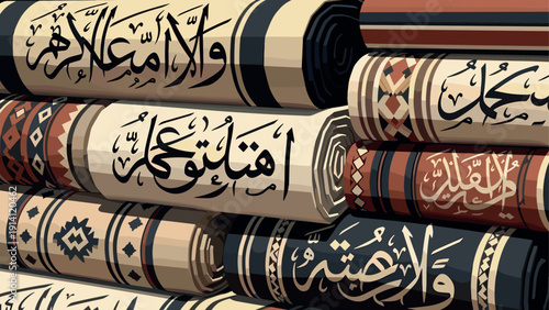 Arabic calligraphy and geometric patterns on rolled textiles: art and tradition