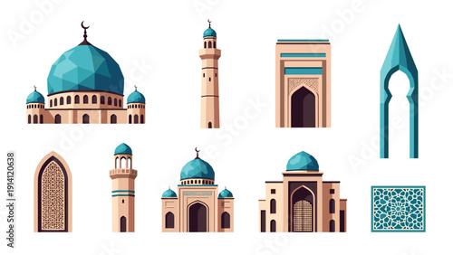 Islamic architecture elements with domes, arches, and patterns