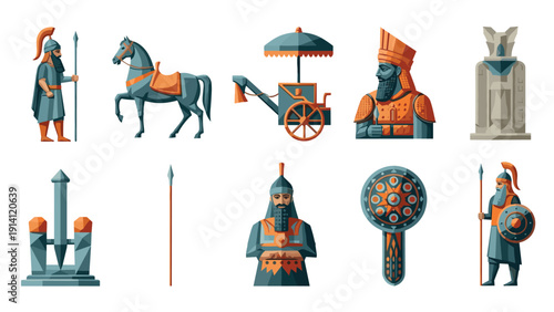 Ancient warrior icons set featuring persian and greek characters in flat design