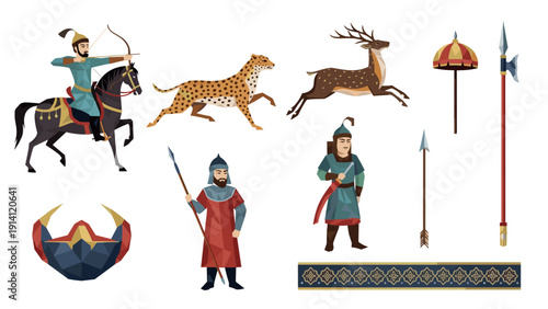 Medieval warrior elements with animals and weapons in geometric art style