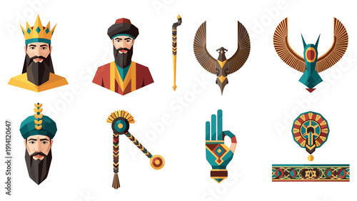 Ancient warrior and mythical symbols in geometric art style