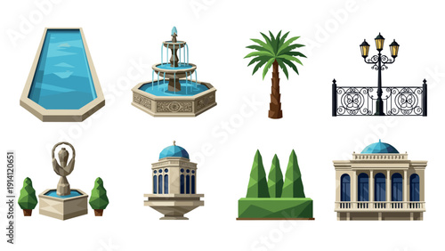 Elegant garden elements: fountains, gazebo, lanterns, and greenery in flat design