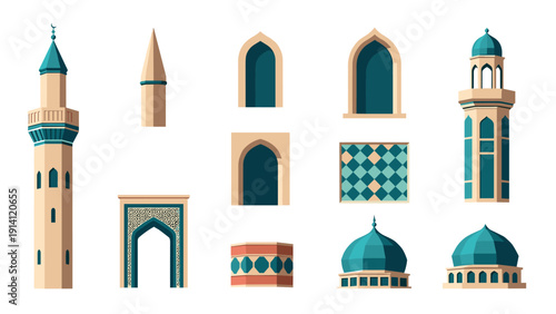 Flat middle eastern architecture set with minarets and domes