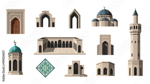 Islamic architecture elements collection with domes minarets and arches