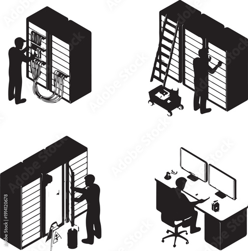 server room technicians installing and maintaining equipment
