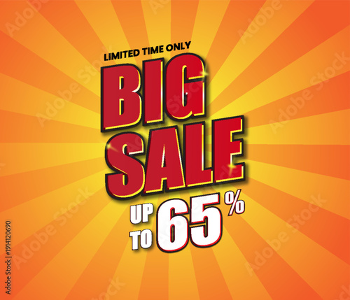 Big Sale Banner with Sunburst Background Up to 65 Percent Discount