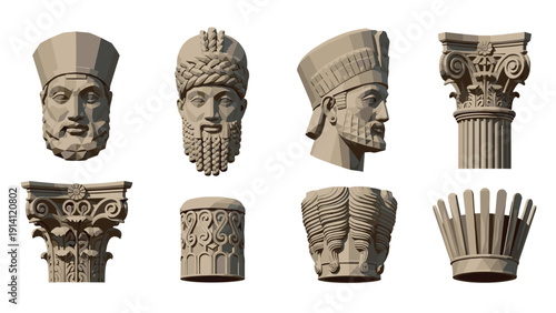 Ancient architectural sculpture collection: classical and persian head statues with corinthian and ionic capitals