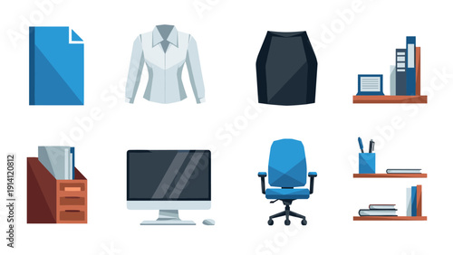 Modern office essentials illustrated: desktop, chair, clothing, stationery in stylish flat design