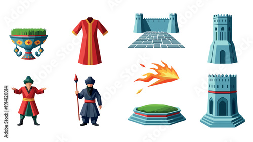 Medieval fantasy characters and elements in colorful cartoon style