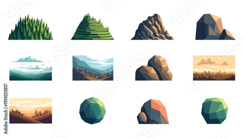 Geometric nature and cityscape collection featuring low poly landscapes