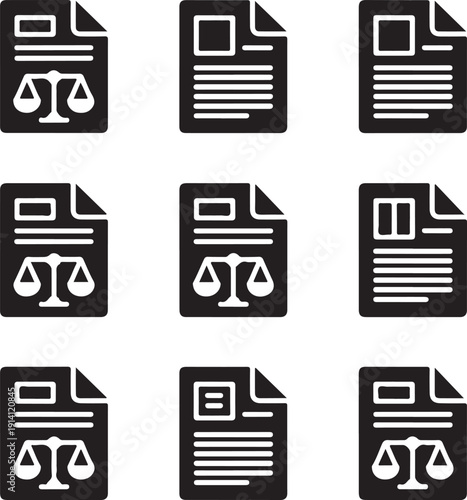law and document icons set with scales and pages