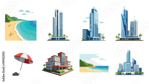 Modern coastal architecture and beachfront views with skyscrapers and villas