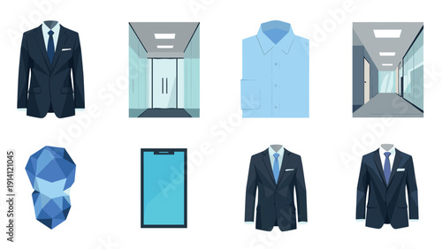 Business attire and corporate workspace elements in modern flat design