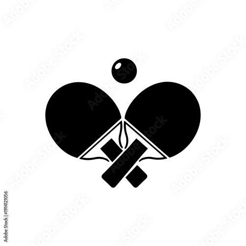Black silhouette of two ping pong paddles and a ball depicts the sport