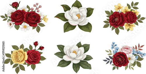 Six Bouquets of Red and White Flowers with Green Leaves